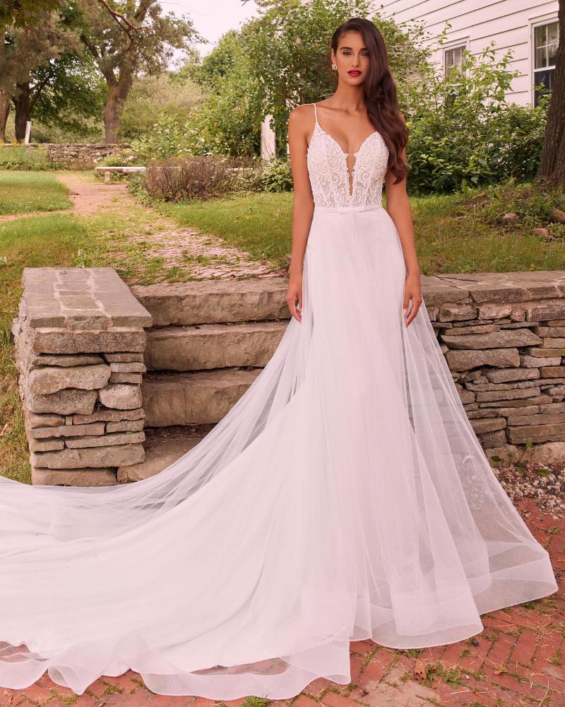 La22117 low back crepe wedding dress with lace and long train1